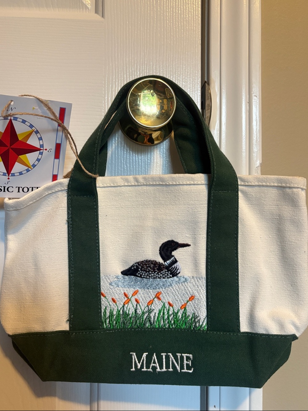 NWT Maine Embroidered Canvas Mini Tote Bag - Green & Cream with LOON